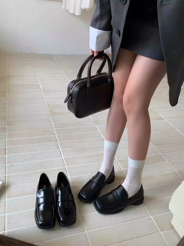 方头粗跟小皮鞋日系JK乐福单鞋女