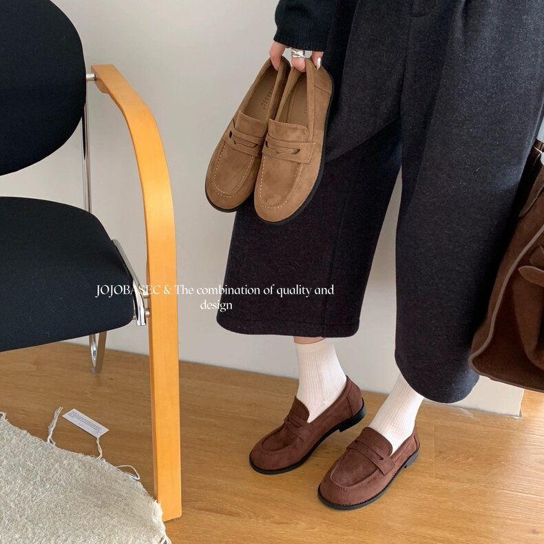 JOJOBASEC 2025秋冬复古绒面乐福单鞋女韩版通勤百搭平底小皮鞋