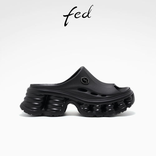 fed黑色户外舒适凉拖夏季新款女鞋时尚鱼嘴厚底一字拖女款YAC517