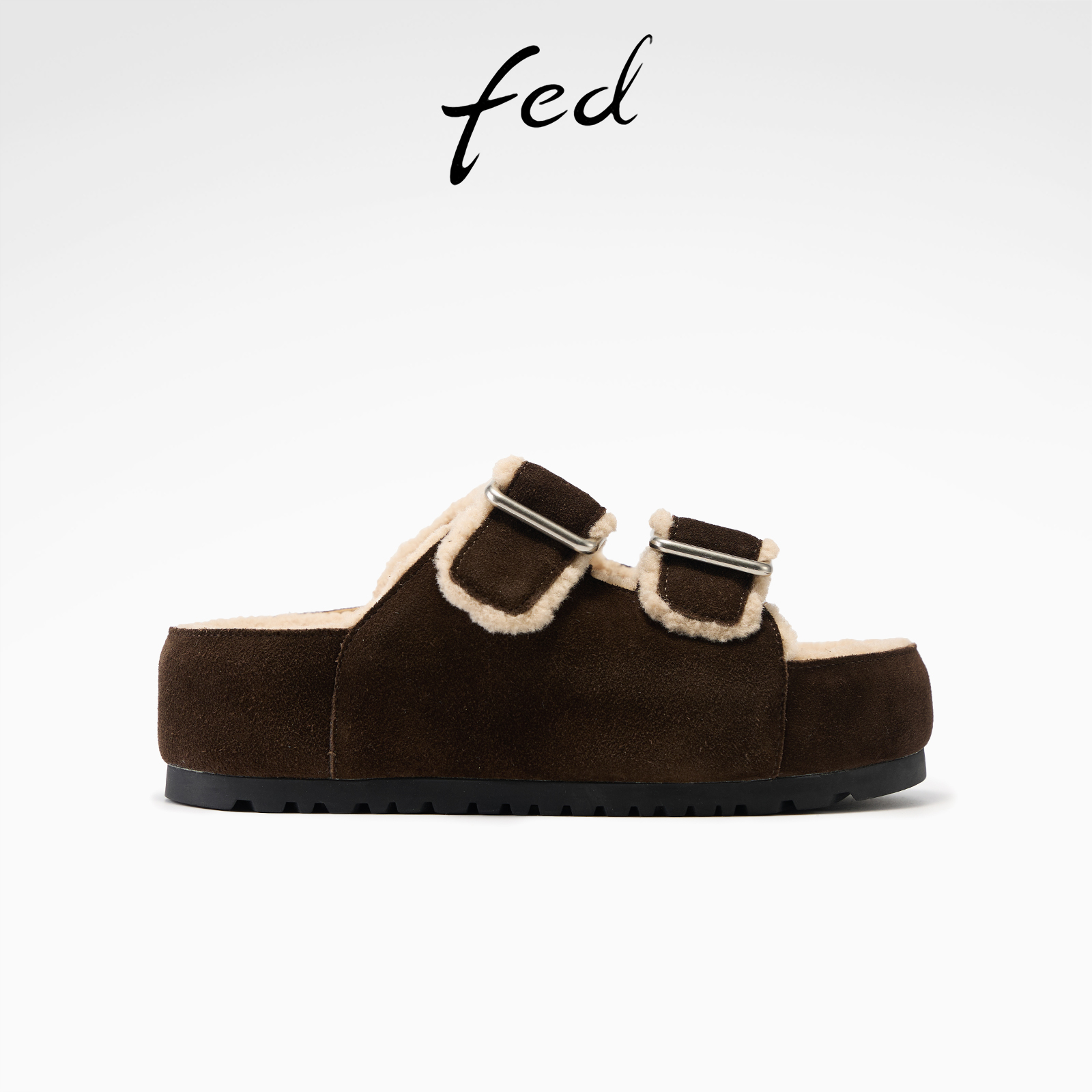 fed勃肯拖鞋冬季新款女鞋厚底毛毛拖黑色加绒棉拖女款S1022-ZC291