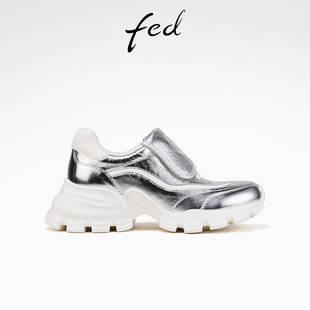 新款 女鞋 银色老爹鞋 fed时尚 女S0208 春季 皮面运动鞋 YAD558 休闲鞋