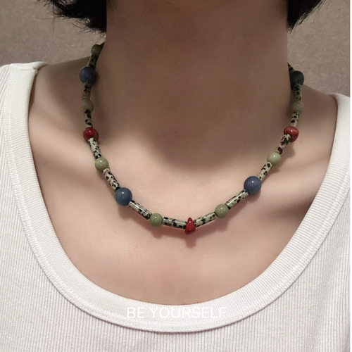 复古红蓝撞色天然斑点石项链女