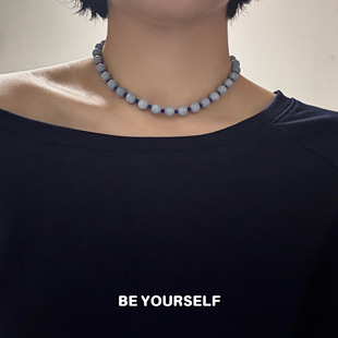 天然蓝天使石项链法式复古轻奢高级感蓝色天然石锁骨链颈链