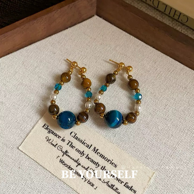 波西米亚撞色虎眼石珍珠串珠925银针耳环新中式民族风耳钉耳饰女