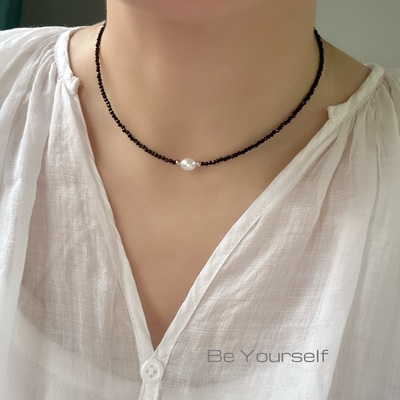 ins黑色极简设计天然碧玺项链