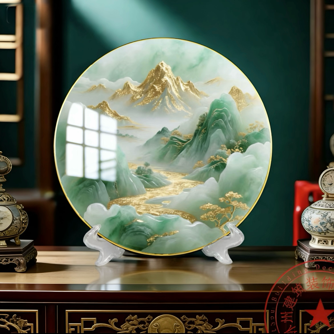 新中式复古典圆形山水画摆件玄关办公室装饰圆盘摆台桌摆旭日东升,家居饰品,现代装饰画,淘宝优惠券,粉丝福利购,淘宝优惠卷