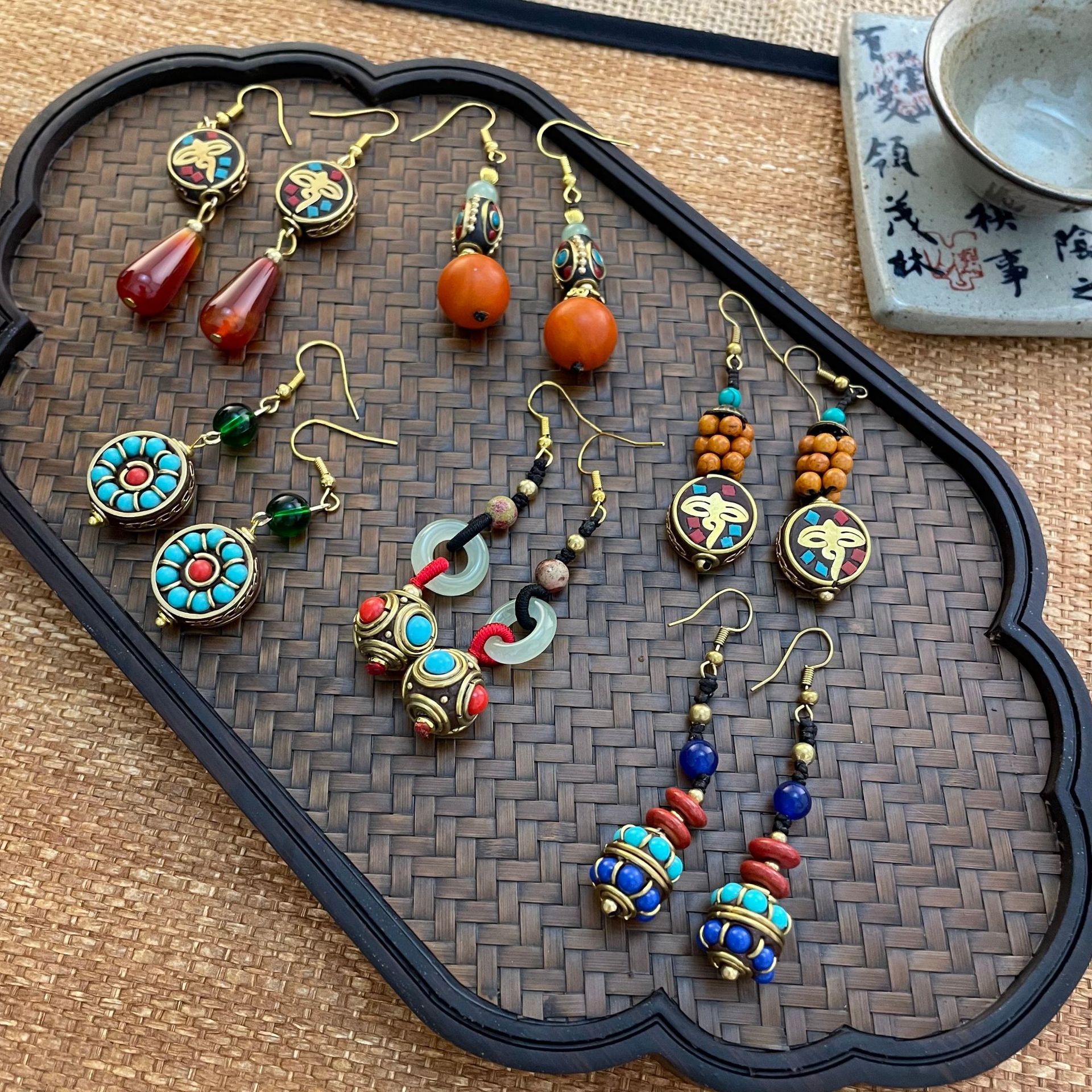 尼泊尔民族风藏式耳坠复古气质小众耳环天然石设计玉髓耳饰个性女