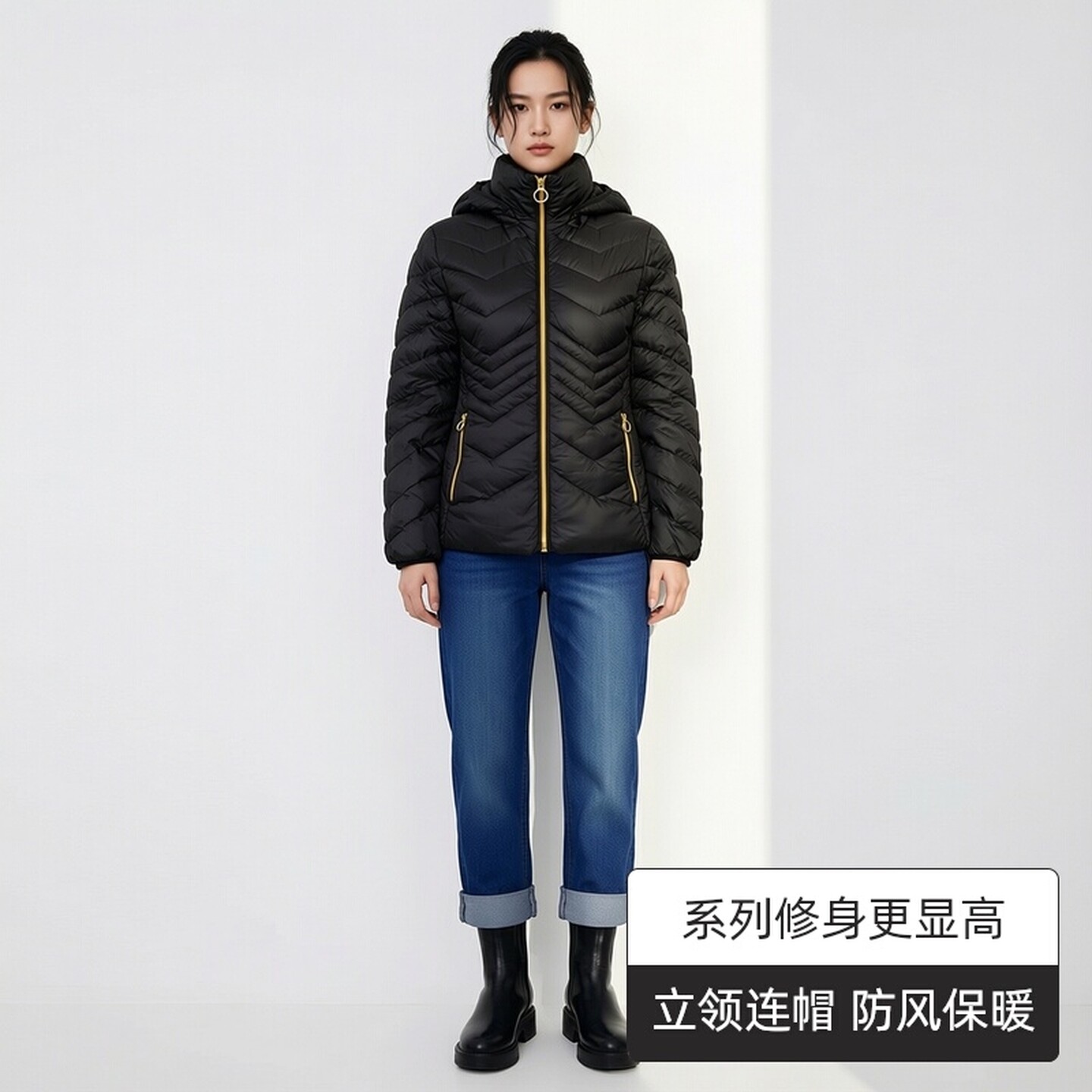 修身轻薄羽绒服女立领连帽外套户外常规保暖白鸭绒大码棉衣薄款