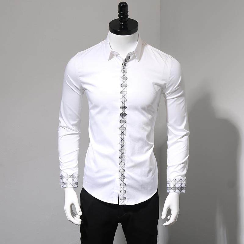 春秋新款潮流时尚门禁袖口菱形刺绣花商务休闲白色修身长袖衬衫男