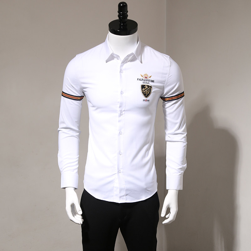 2025秋季新款青年潮流白衬衣修身韩版商务休闲免烫刺绣长袖衬衫男