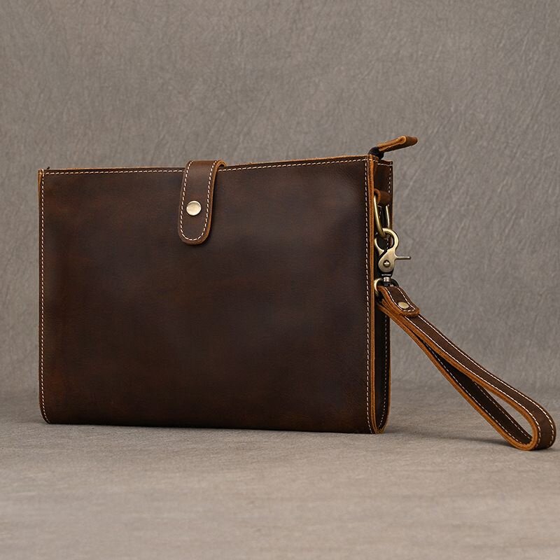 简约疯马皮手拿包大容量复古手抓包牛皮商务长钱包休闲单肩包小包