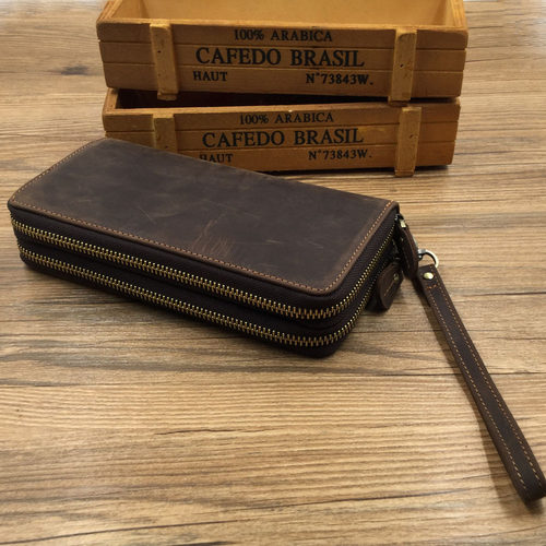 复古疯马皮双层手机包男士拉链