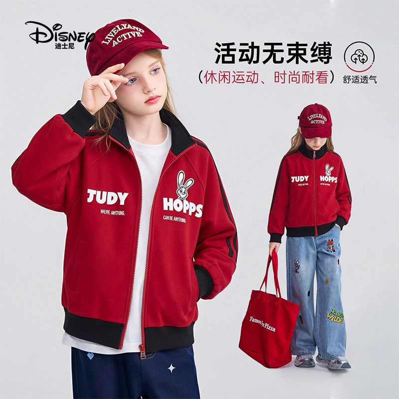 迪士尼童装女童红色立领外套2026秋新款复古学院风棒球服开衫卫衣