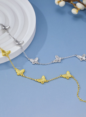 s925纯银镀黄金色新款镭射爆闪舞蝶手链女时尚百搭蝴蝶手饰送礼物