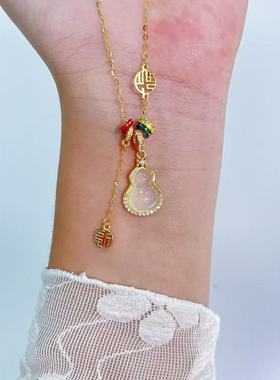 s925纯银镀黄金色新款中式福字福禄葫芦吊坠镶钻项链女锁骨链套链