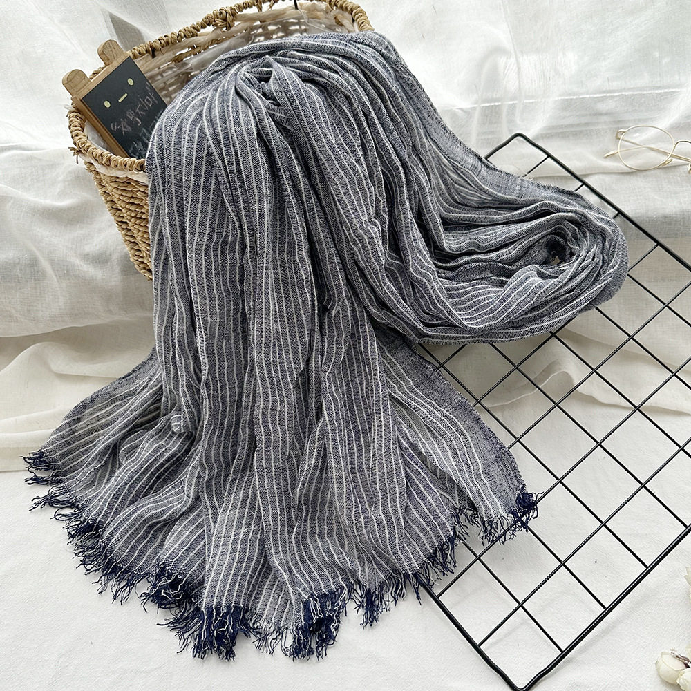 时尚个性潮流棉麻围巾春秋冬新款欧美百搭简约条纹长方形披肩男女