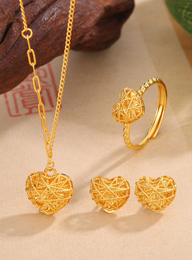 s925纯银镀黄金色首饰爱心拉丝方糖项链女爆闪亮花丝戒指耳钉银饰