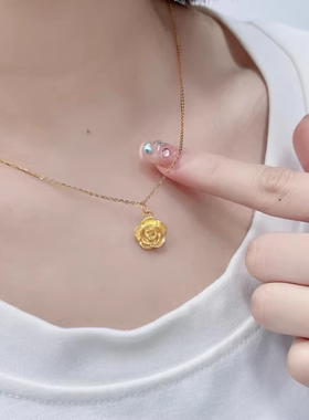 黄金包银黄金色玫瑰花朵吊坠简约百搭时尚锁骨玫瑰项链送女友礼物