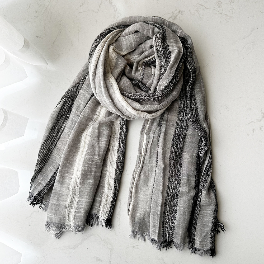 高品质时尚潮流日韩条纹男女纯棉麻围巾个性自然褶皱休闲丝巾围脖