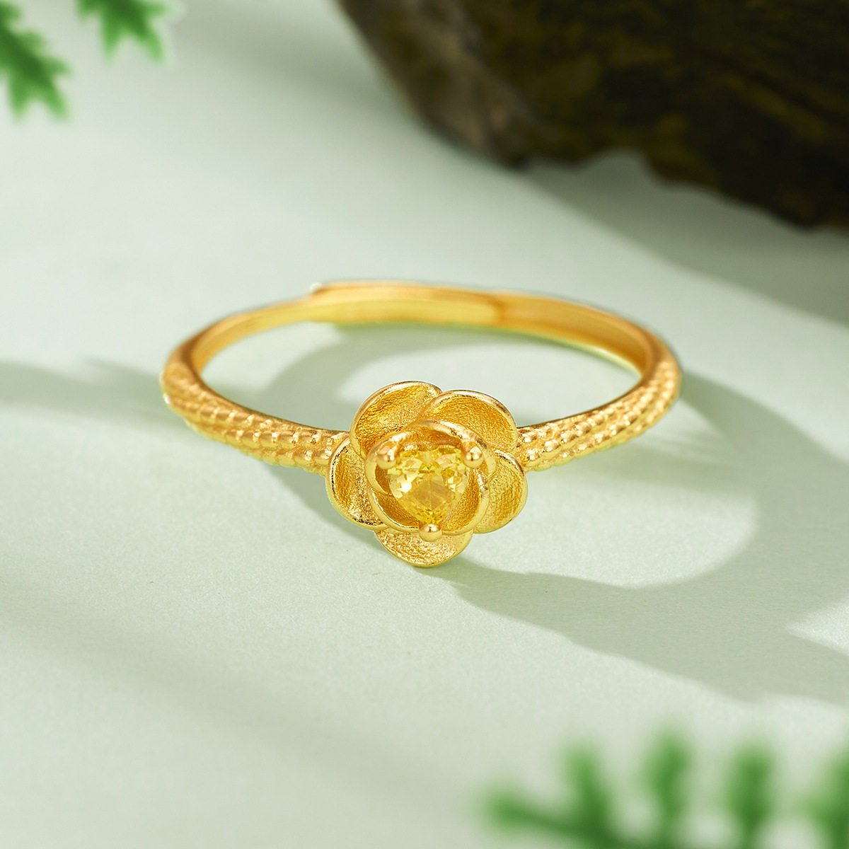 s925纯银镀黄金色新款爱心黄锆玫瑰花戒指女古法简约活口女生指环