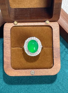 s925纯银新中式高冰绿玉髓银镶玉戒指翡翠满绿色蛋面男女指环手饰