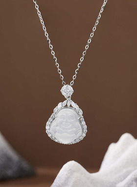 s925纯银新中式高冰种白玉髓大肚佛公吊坠项链女弥勒佛颈饰锁骨链