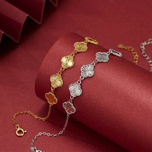 S925纯银镀黄金色四叶草镭射五花手链幸运花碎冰冰手饰名媛风饰品