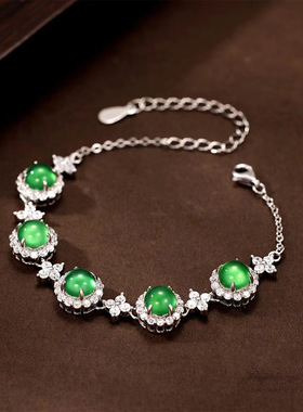 S925纯银饰手饰高冰绿玉髓手链镶嵌翡翠满绿色蛋面五连珠玉石手串