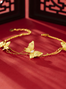 时尚双层拉丝蝴蝶手链s925纯银镀黄金色镶锆石爆闪亮蝴蝶女手饰品