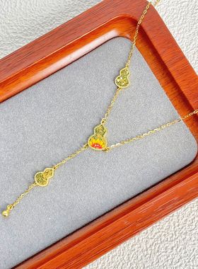 s925纯银镀黄金色新款中式珐琅碎冰冰流苏葫芦项链莲花葫芦锁骨链