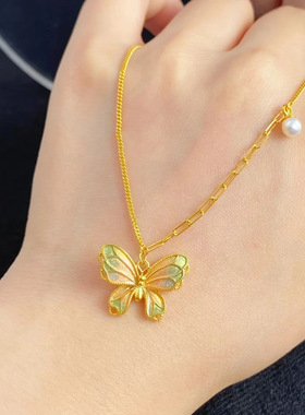 S925纯银镀黄金色蝶影阑珊蝴蝶项链渐变色珐琅锁骨链设计感吊坠女
