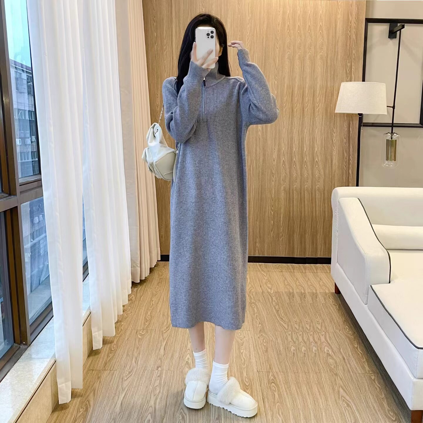 秋季新款韩版纯色高领半拉链针织连衣裙女简约百搭长款毛衣打底裙