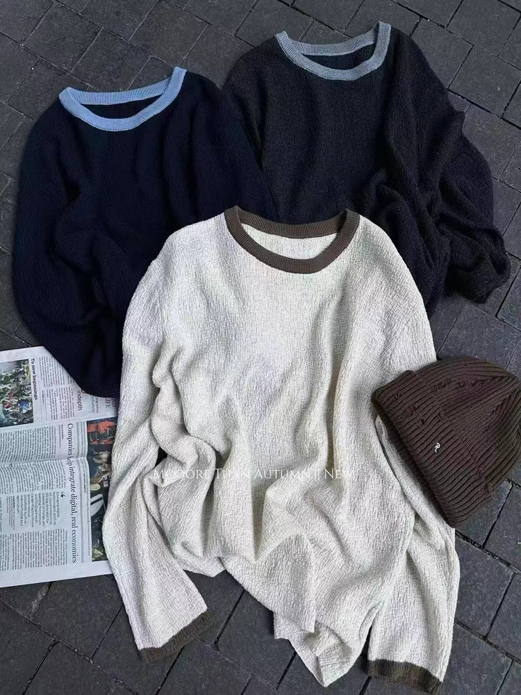 秋冬新款韩版圆领纯色宽松慵懒风针织衫女洋气百搭打底衫毛衣上衣