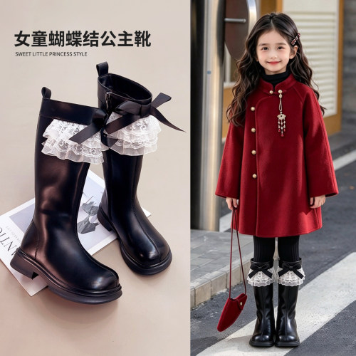 西瓜西加绒女童高筒靴蝴蝶结奢华