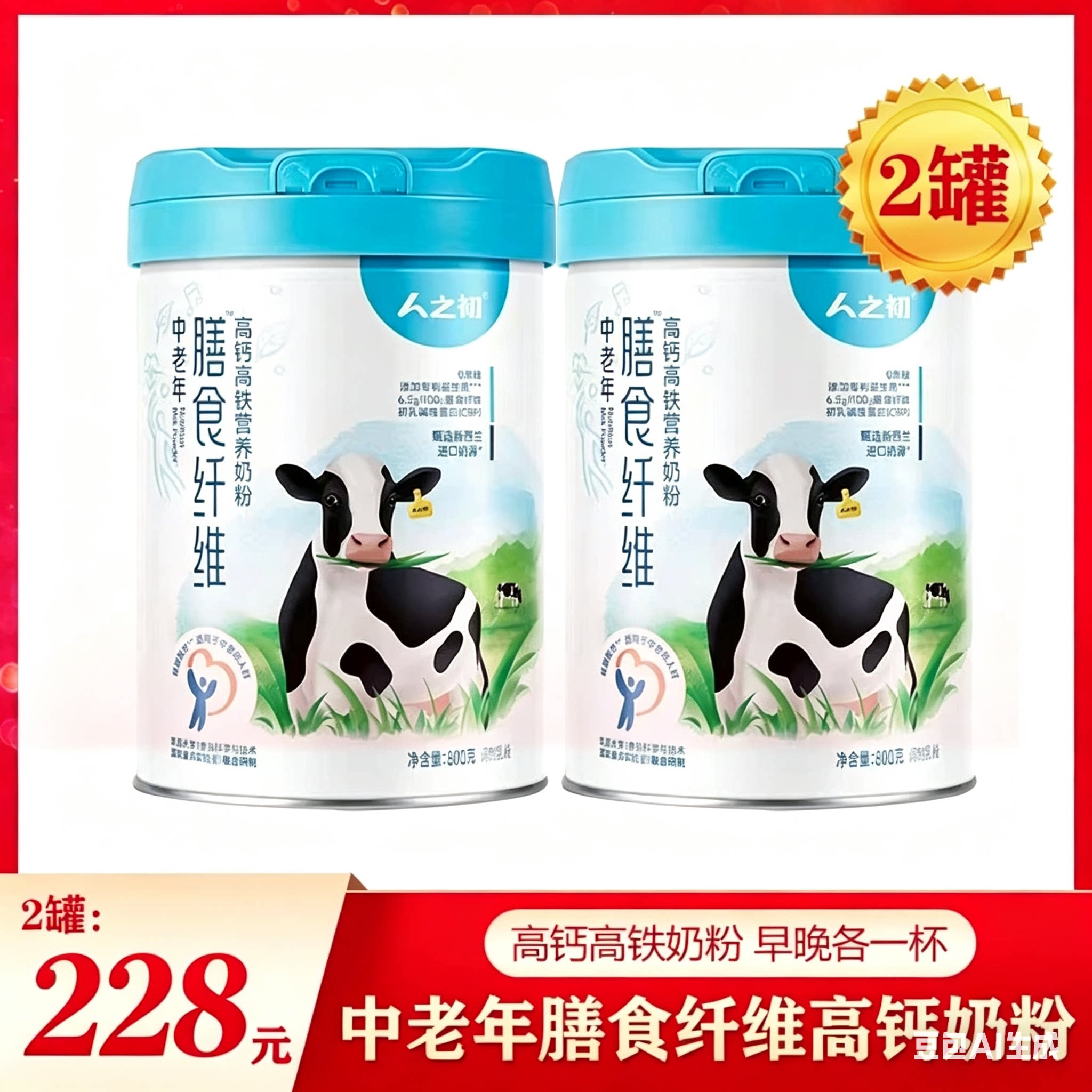 人之初中老年膳食纤维高钙高铁营养奶粉无糖益生菌800g*2罐装包邮