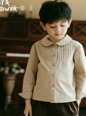 Cat&Flower儿童英伦经典休闲亲肤圆领卡其色定制纽扣压褶圆领衬衫