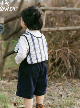 Cat&Flower童装男女款童短裤英伦高品质深蓝色男女同款灯芯绒短裤