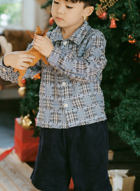 Cat&Flower童装衬衫男女童经典纯棉毛格布透气帅气休闲蓝色衬衫