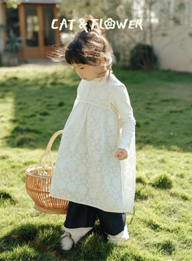 Cat&Flower女童连衣裙绣花夏季宽松蕾丝裙无袖碎花罩裙外搭罩衫