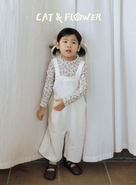 Cat&Flower童装白色日系刺绣吊带裤碎花打底衫套装秋冬透气防勾丝