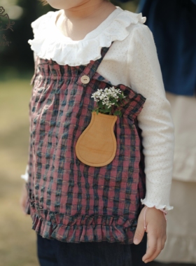 Cat&Flower儿童夏季童装复古纯棉无袖格纹吊带文艺风花瓶口袋上衣