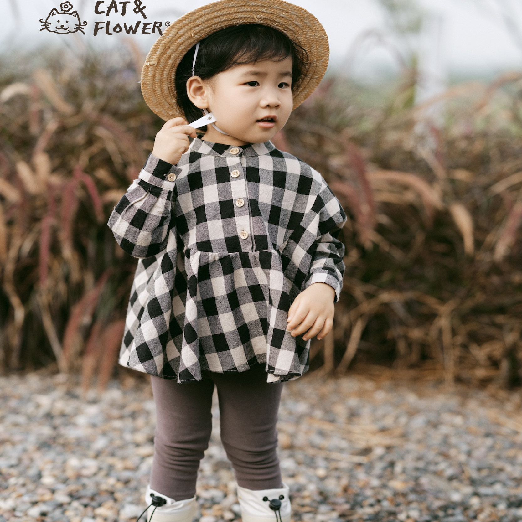 Cat&Flower童装秋季儿童长袖衬衫韩版格子上衣棉麻女童蝙蝠袖