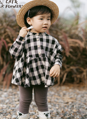 Cat&Flower童装秋季儿童长袖衬衫韩版格子上衣棉麻女童蝙蝠袖