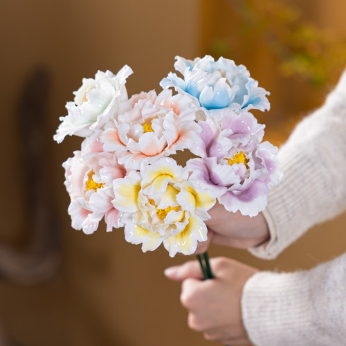陶瓷手工牡丹仿真花束插花瓶家居摆件装饰假花景德镇文创节日礼品