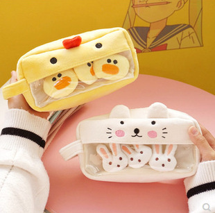 日系卡通大容量笔袋毛绒简约ins风 学生文具小鸭兔子小猪狐狸