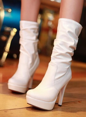 秋冬女鞋防水台细跟超高跟中筒靴女杏色白色靴子短靴大码女靴 JSS