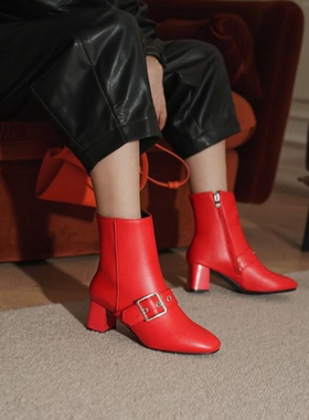 秋冬靴女粗跟高跟短靴白色女鞋红色靴子婚鞋新娘大码女靴40-43 AN
