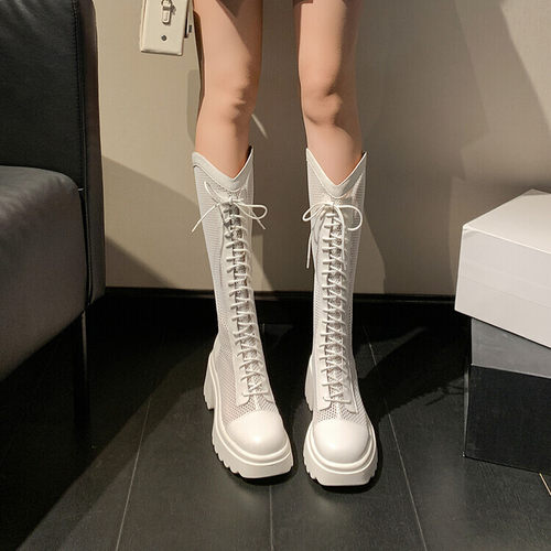 夏靴粗跟高跟高筒女镂空网靴单靴凉靴子杏色米白色真皮女靴 PLNH