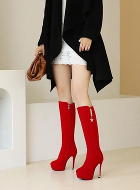 磨砂红色靴子婚鞋粗跟高筒靴秋冬靴女大码女靴小码女鞋 30-48 JYZ