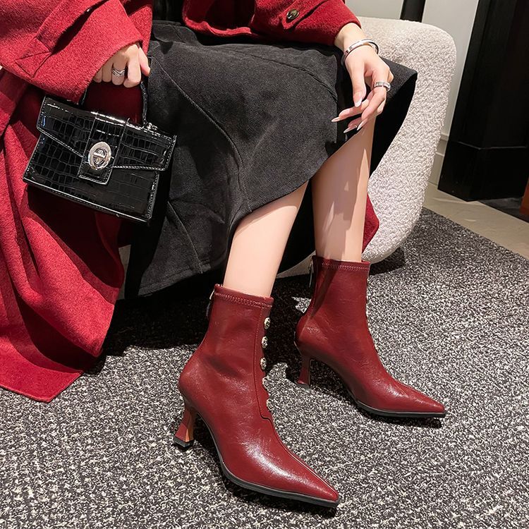 7厘米跟秋冬季皮靴尖头鞋细高跟短靴女棕色红色靴子弹力瘦瘦靴DLF